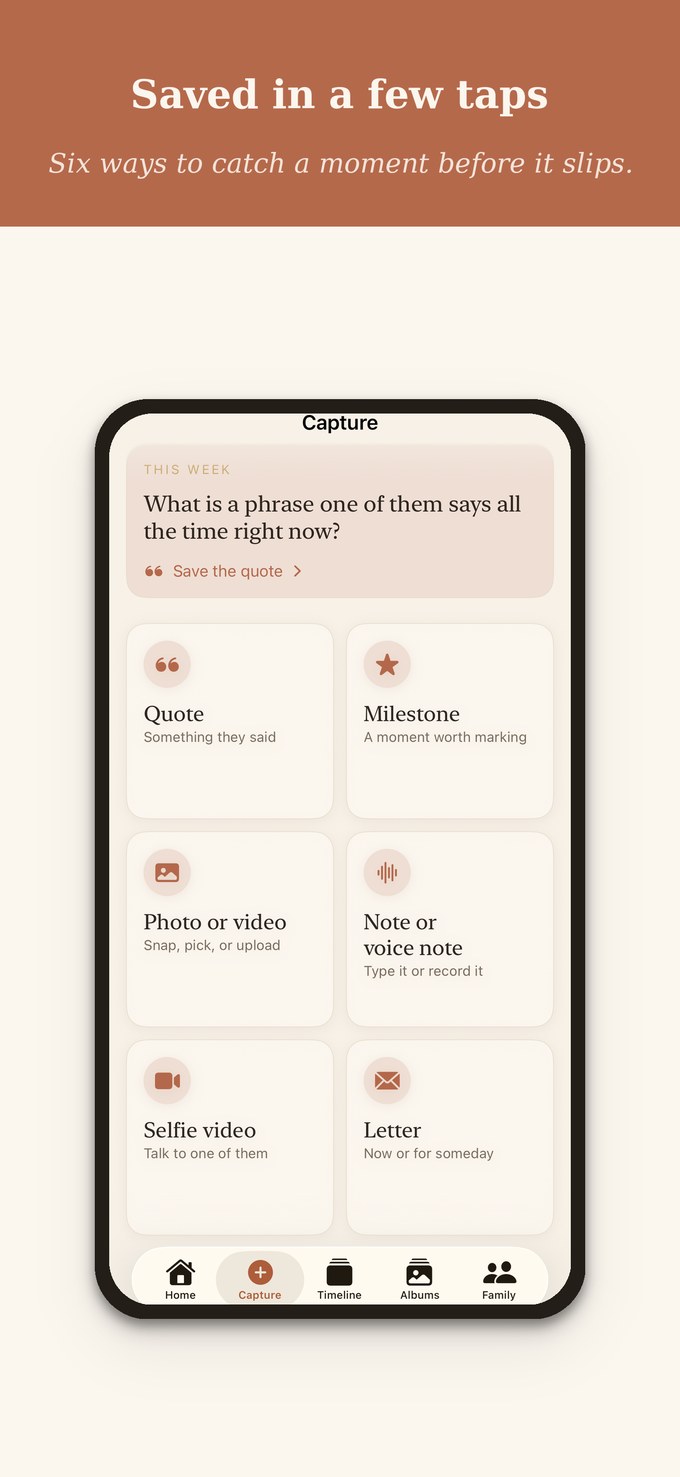 Saved in a few taps: six ways to capture a moment in Dear Ones